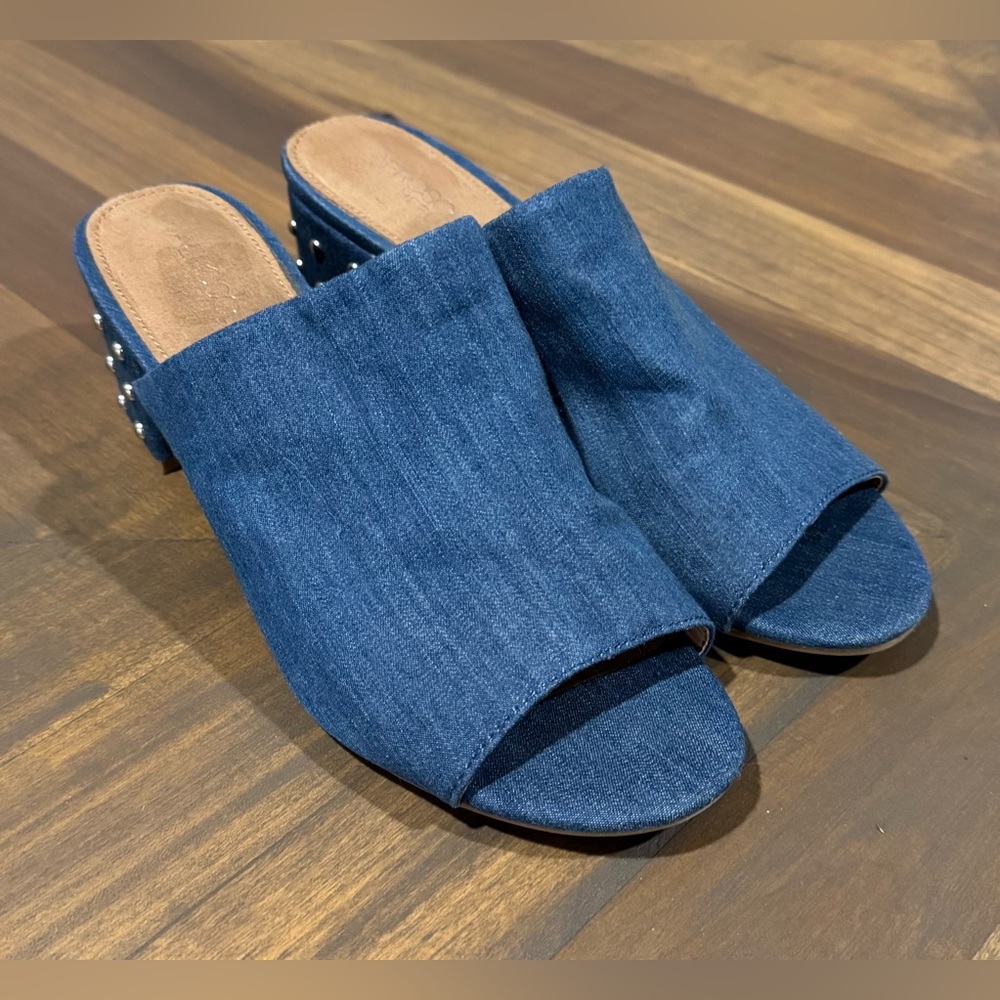 Aerosoles Heel Rest Mid Term Mules Denim Slip On Peep Toe Block Heel Women’s 8 M